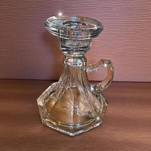 Chamber Candle Stick Holder Etched Floral Clear Glass w/Handle 4.5"H